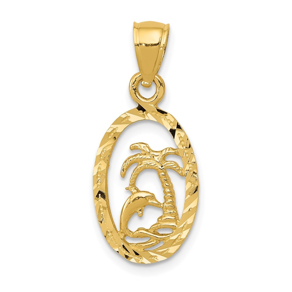 14k Yellow Gold Mini Dolphin Nautical and Palm Tree Necklace Charm Pendant